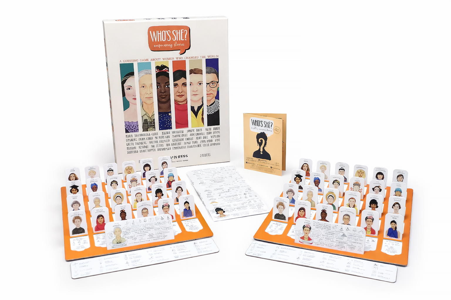 Who's She feminist board game, box and two boards with flaps and portraits on them, biograpfy cards and a rulebook
