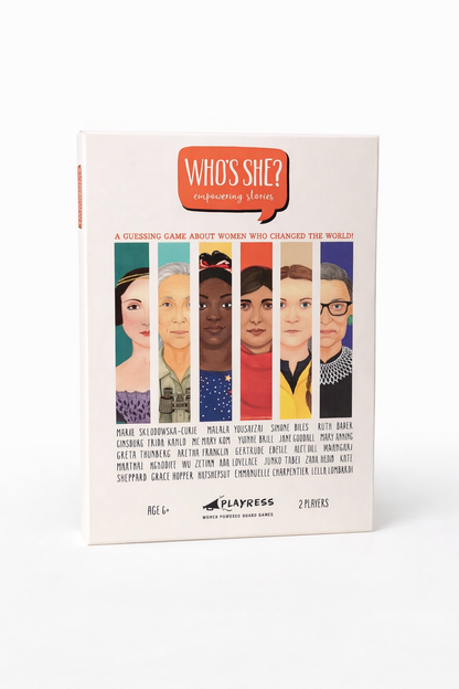 Board game box titled 'Who's She?' featuring images of women on a white background